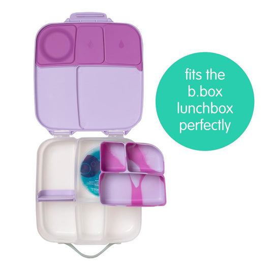 Purple and clear snack container with text indicating it fits the b.box lunchbox.