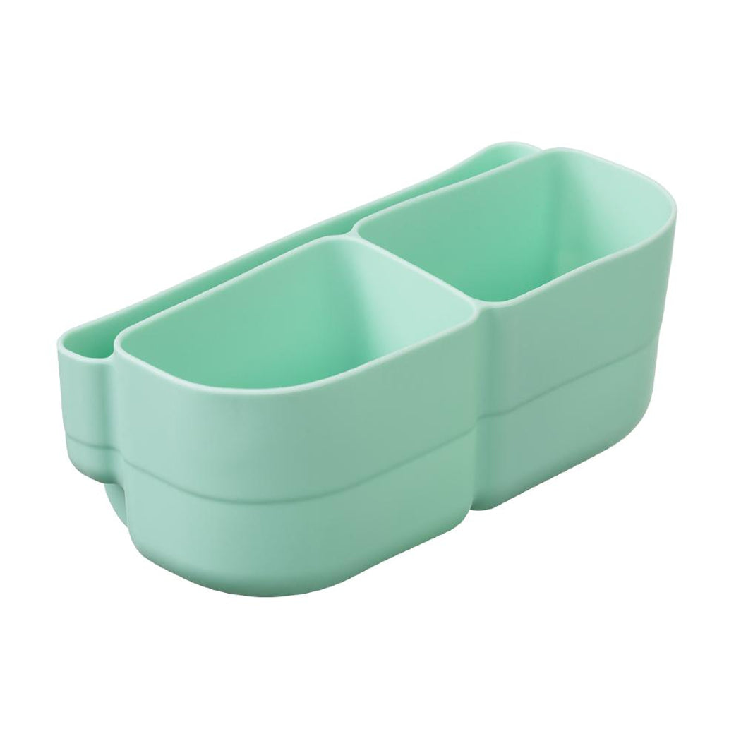 Light green two-compartment storage container on a white background