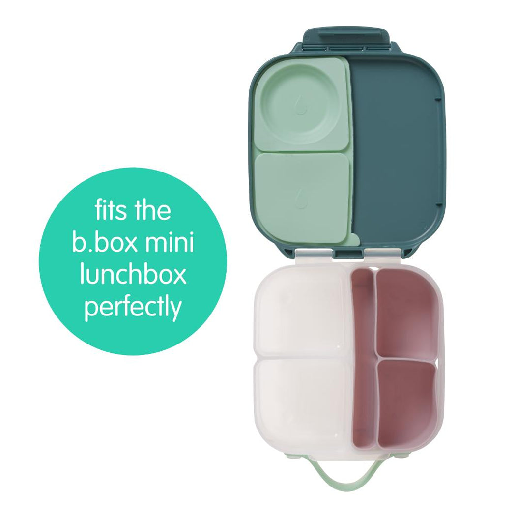 Split bento box with green and white compartments on a white background
