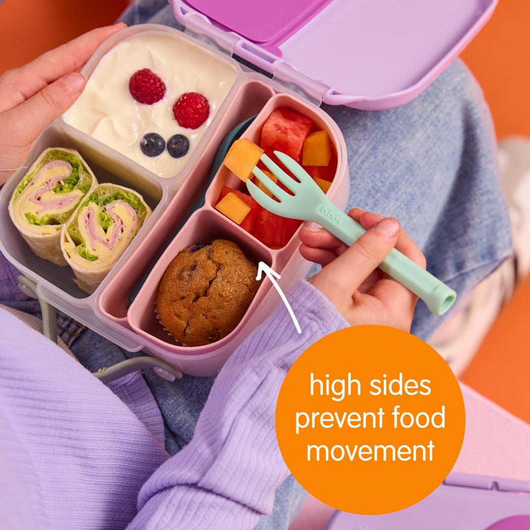 Bento box with compartments containing food and a fork, with an orange circle highlighting 'high sides prevent food movement'.