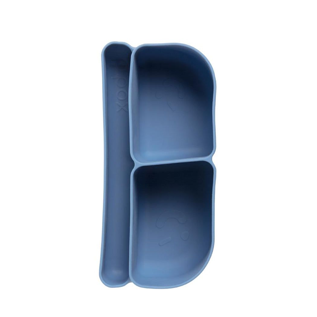 Blue silicone snack cup with compartments on a white background