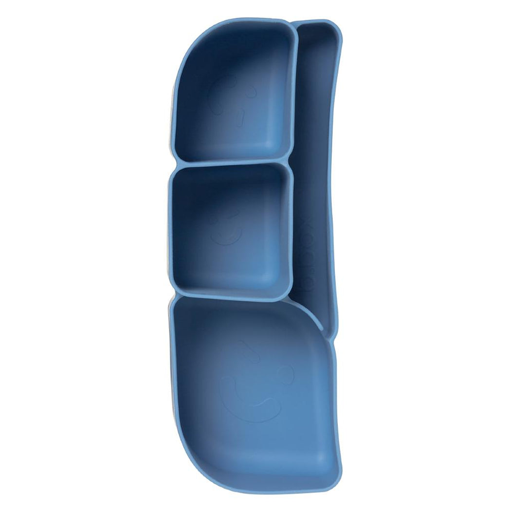 Blue silicone container with three compartments on a white background
