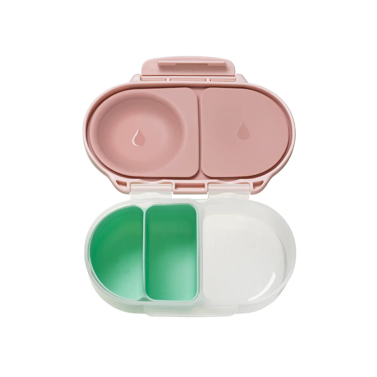 Pink and white pill organizer with green compartments on a white background