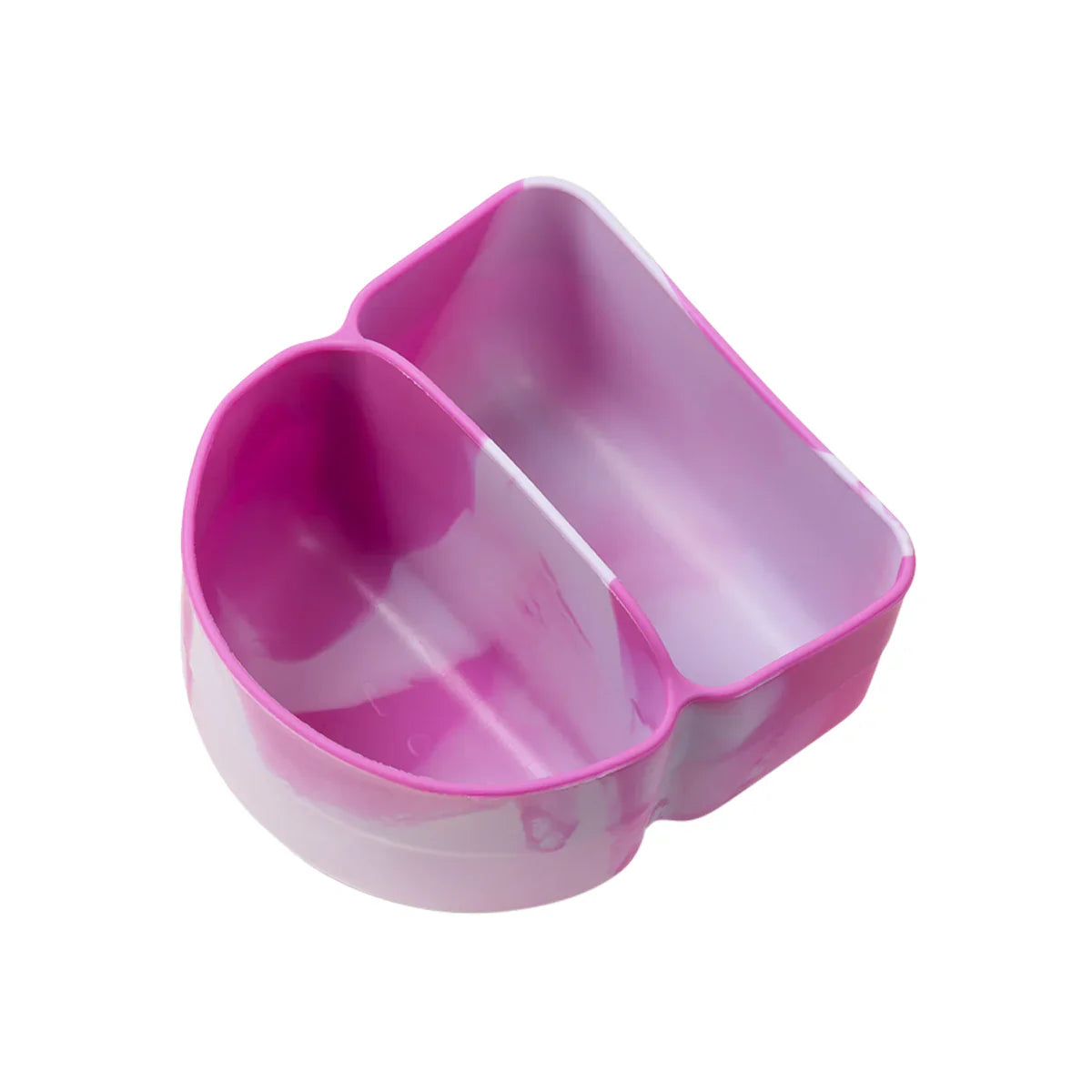 Purple and white silicone cup with a divided design on a white background