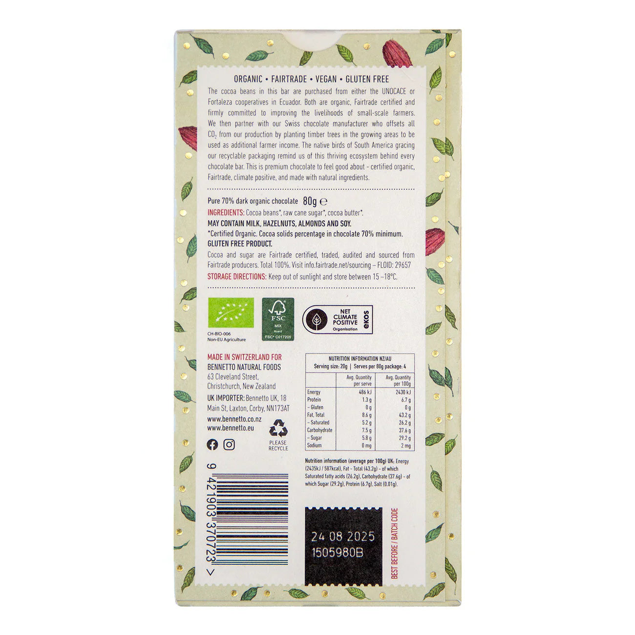 Bennetto, Organic Dark Chocolate, 80g - Healthy Snacks NZ