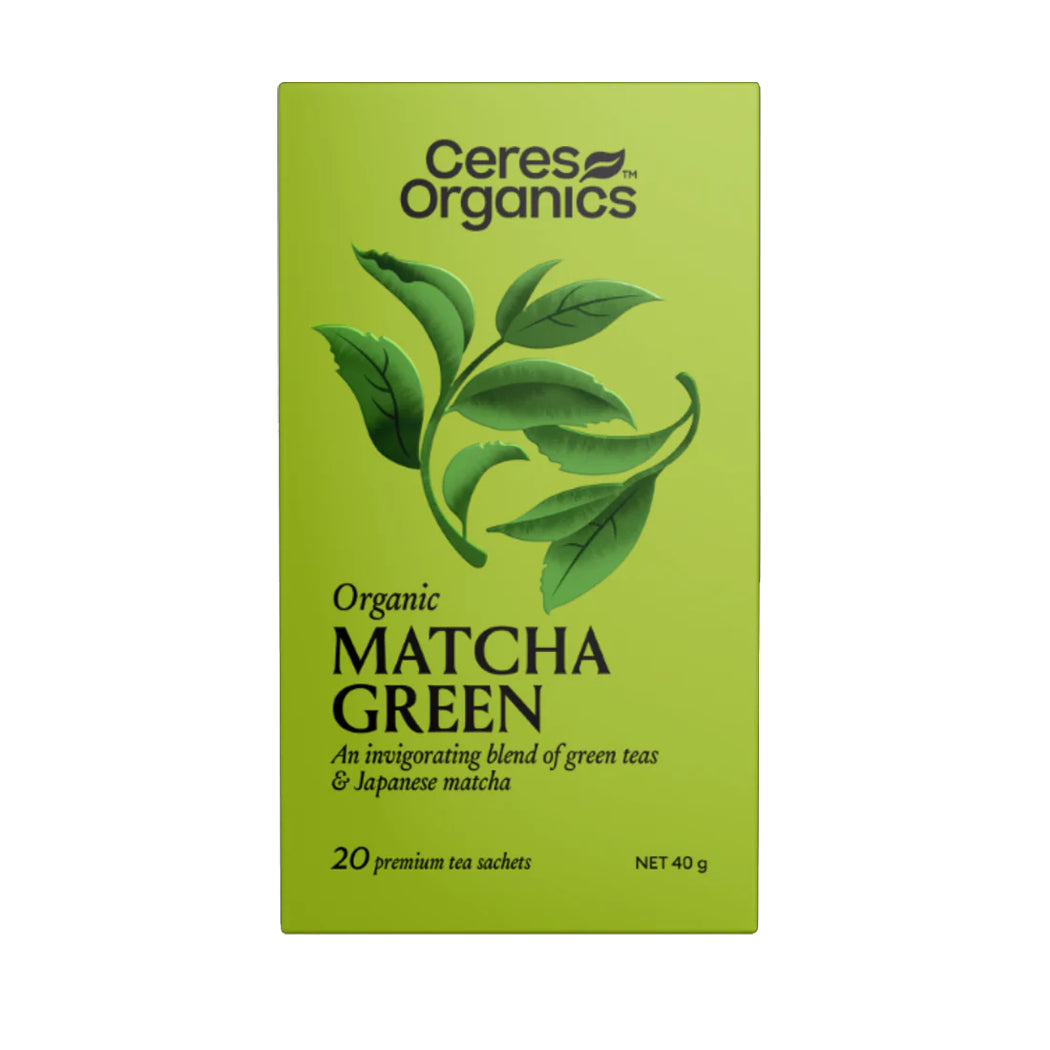 Ceres Organics Matcha Green tea packaging on a white background