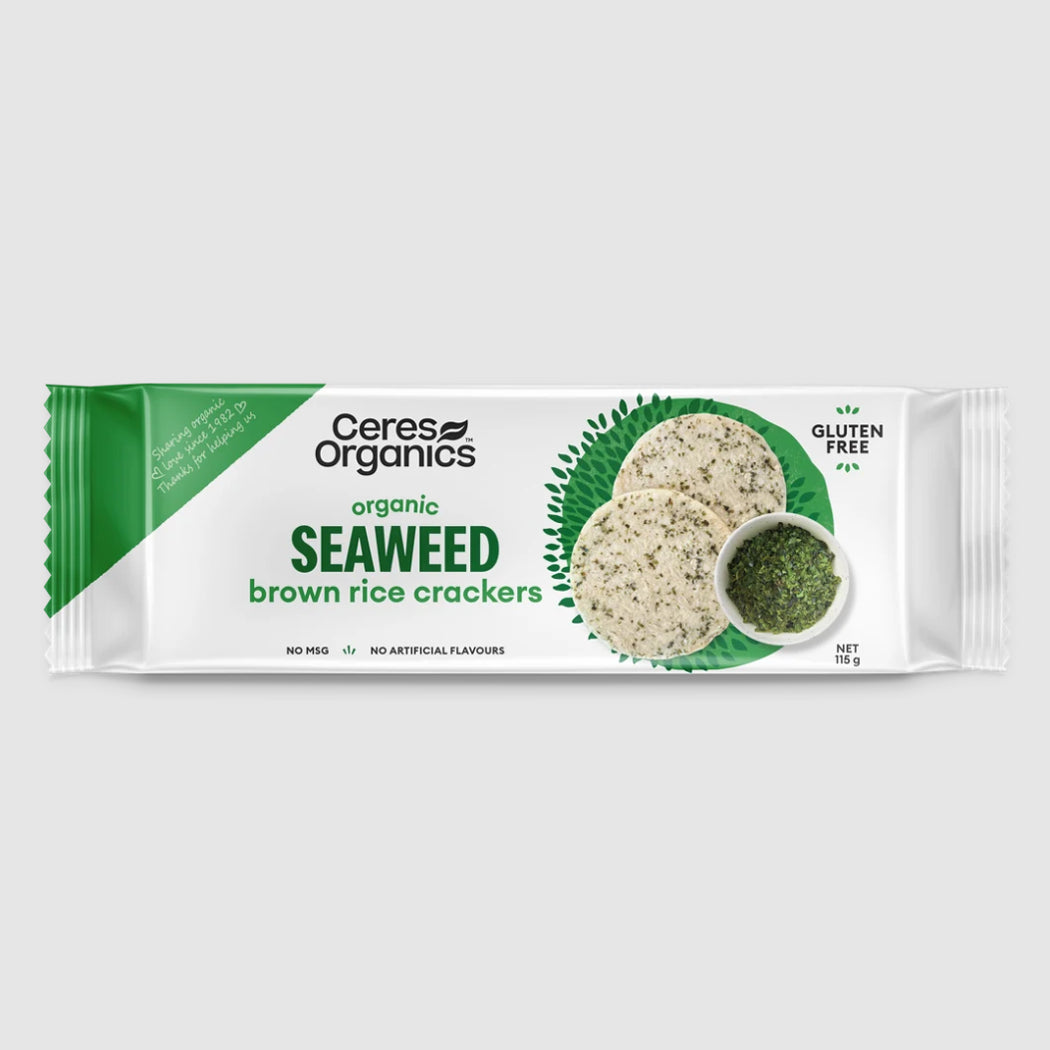 Ceres Organics organic seaweed brown rice crackers in a white and green wrapper, shown against a light gray background.