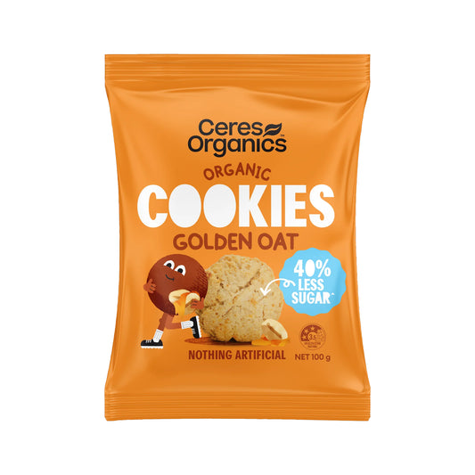 Ceres Organics Organic Golden Oat Cookies in a bright orange stand-up pouch, featuring a cartoon cookie mascot and a graphic of a golden oat cookie on the front.