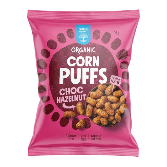 Pink package of Chantalo Organic Corn Puffs Choc Hazelnut on a white background