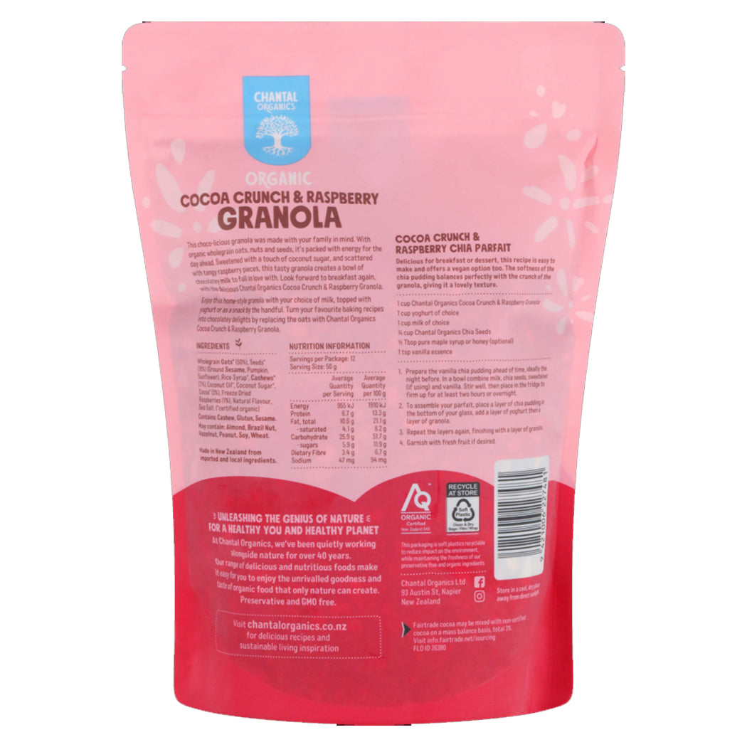 Back view of a pink granola packaging with text and branding on a white background