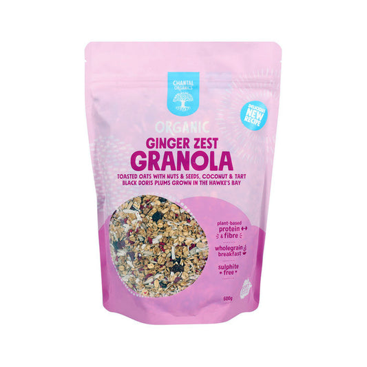Pink package of Organic Ginger Zest Granola on a white background