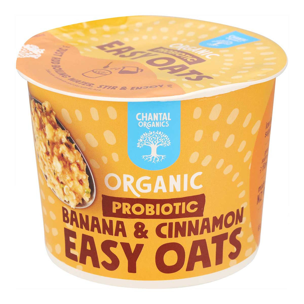 Container of Chantal Organics Organic Probiotic Banana & Cinnamon Easy Oats on a white background
