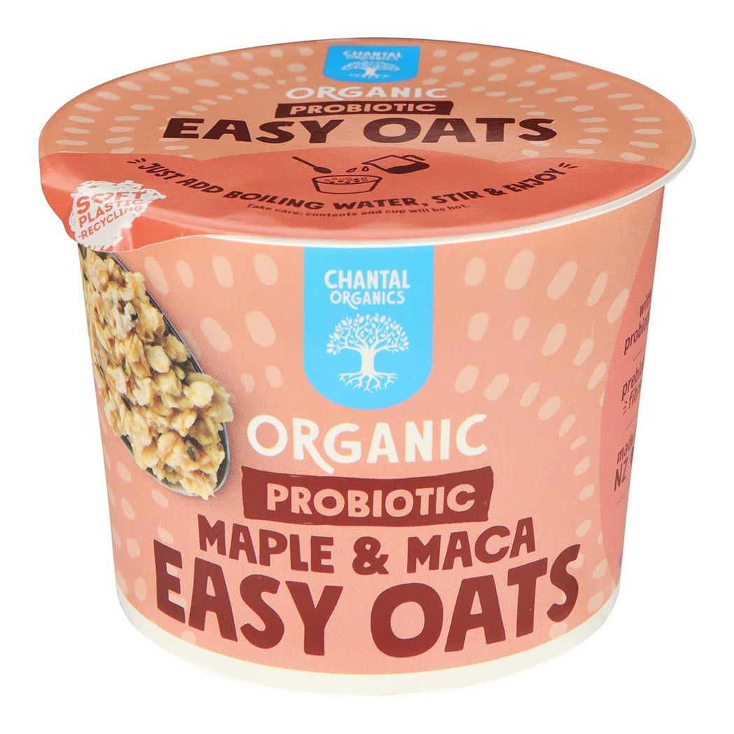 Container of Chantal Organics Organic Probiotic Maple & Maca Easy Oats on a white background