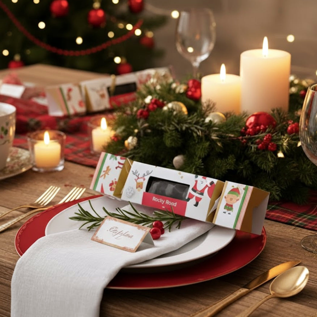 Christmas-themed table setting with candles, decorations, and a Rocky Road box.