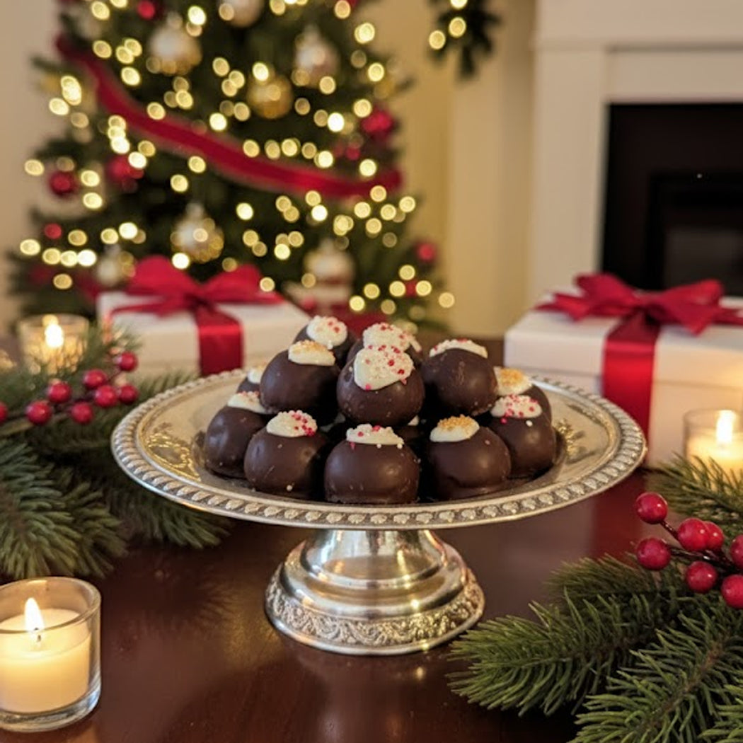 Decorative plate of chocolate truffles with a Christmas tree and presents in the background