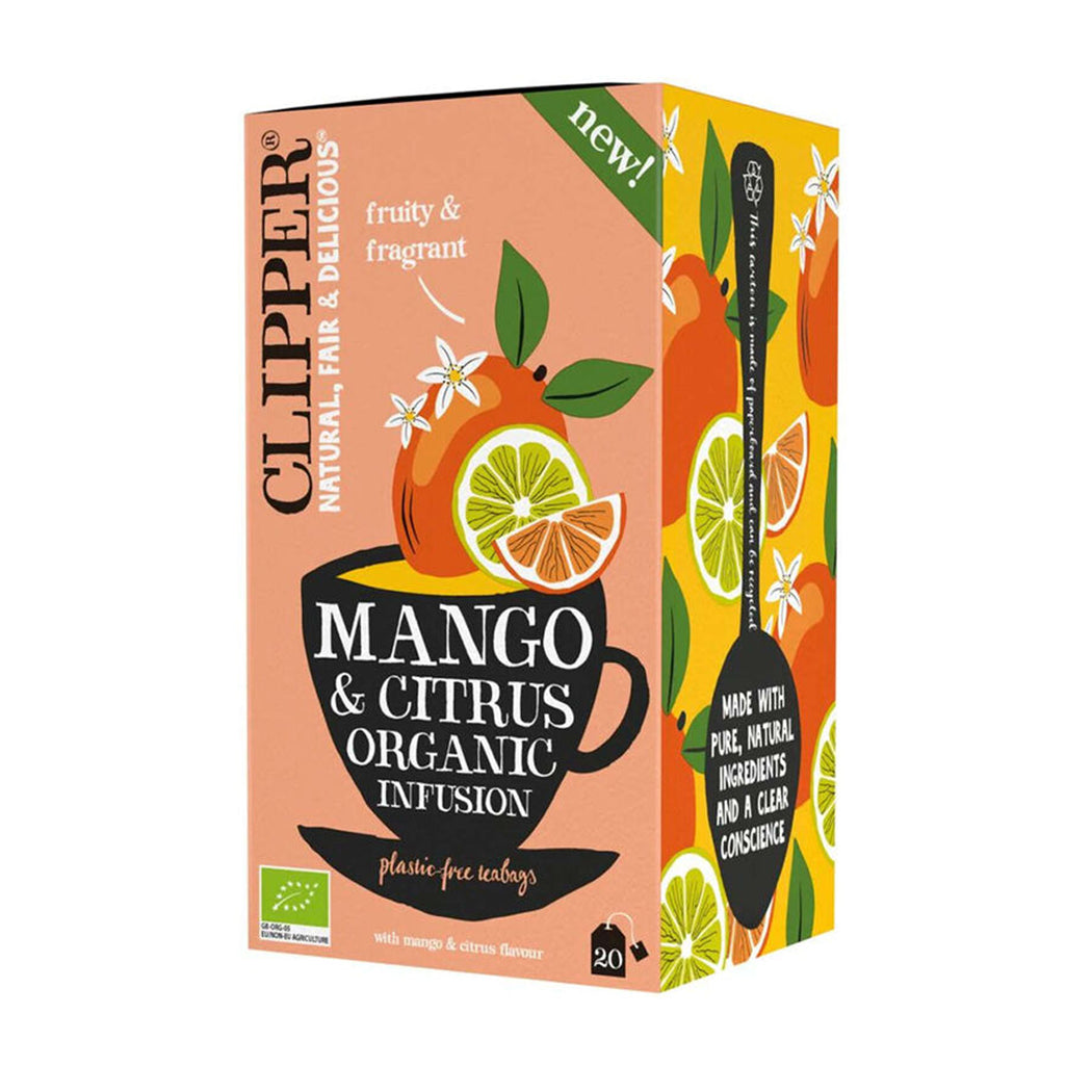 Box of Clipper Mango & Citrus Organic Infusion tea on a white background