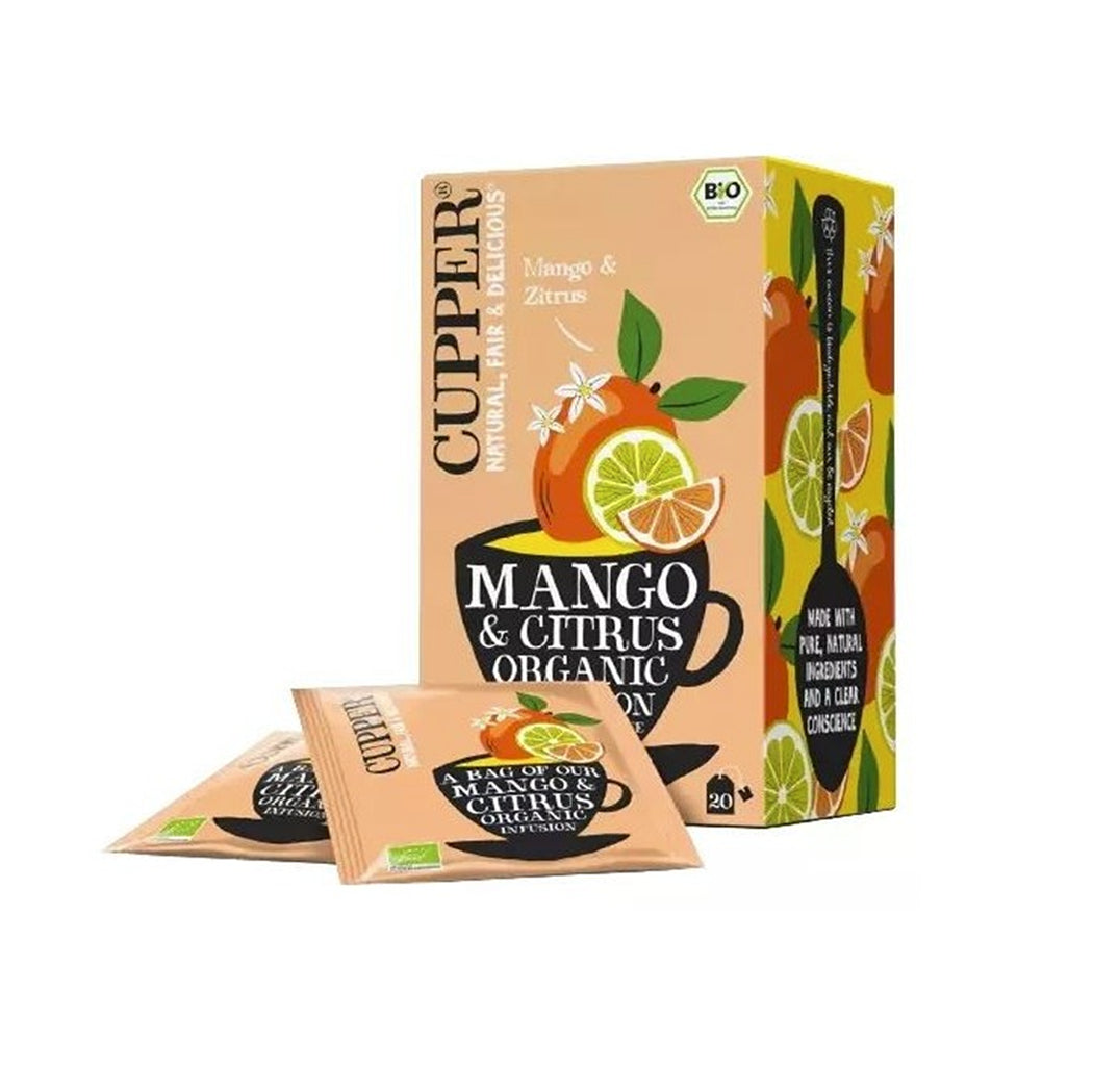 Cupper Mango & Citrus Organic tea packaging on a white background