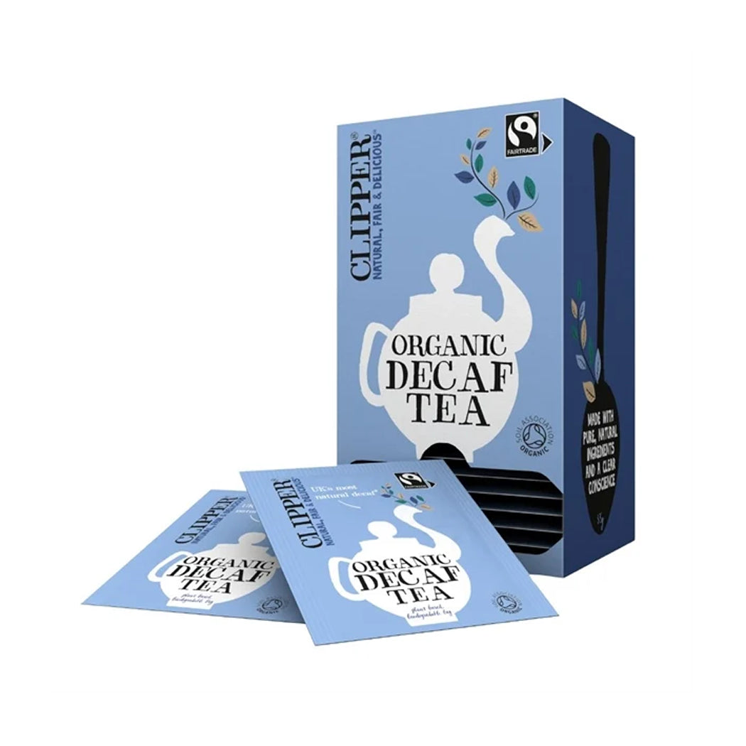 Clipper Organic Decaf Tea packaging with tea bags on a white background