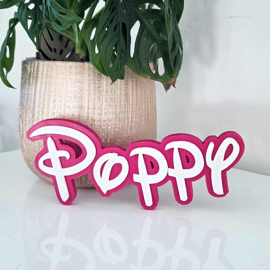 A pink and white 3D decorative sign spelling 'Poppy' in a cursive font, styled on a white reflective surface in front of a potted green plant in a textured beige pot.