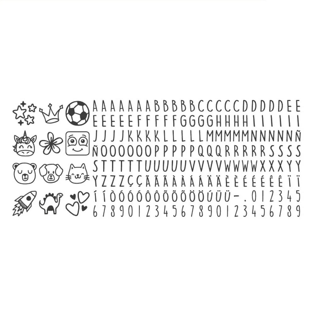 Set of black and white icons and letters on a white background