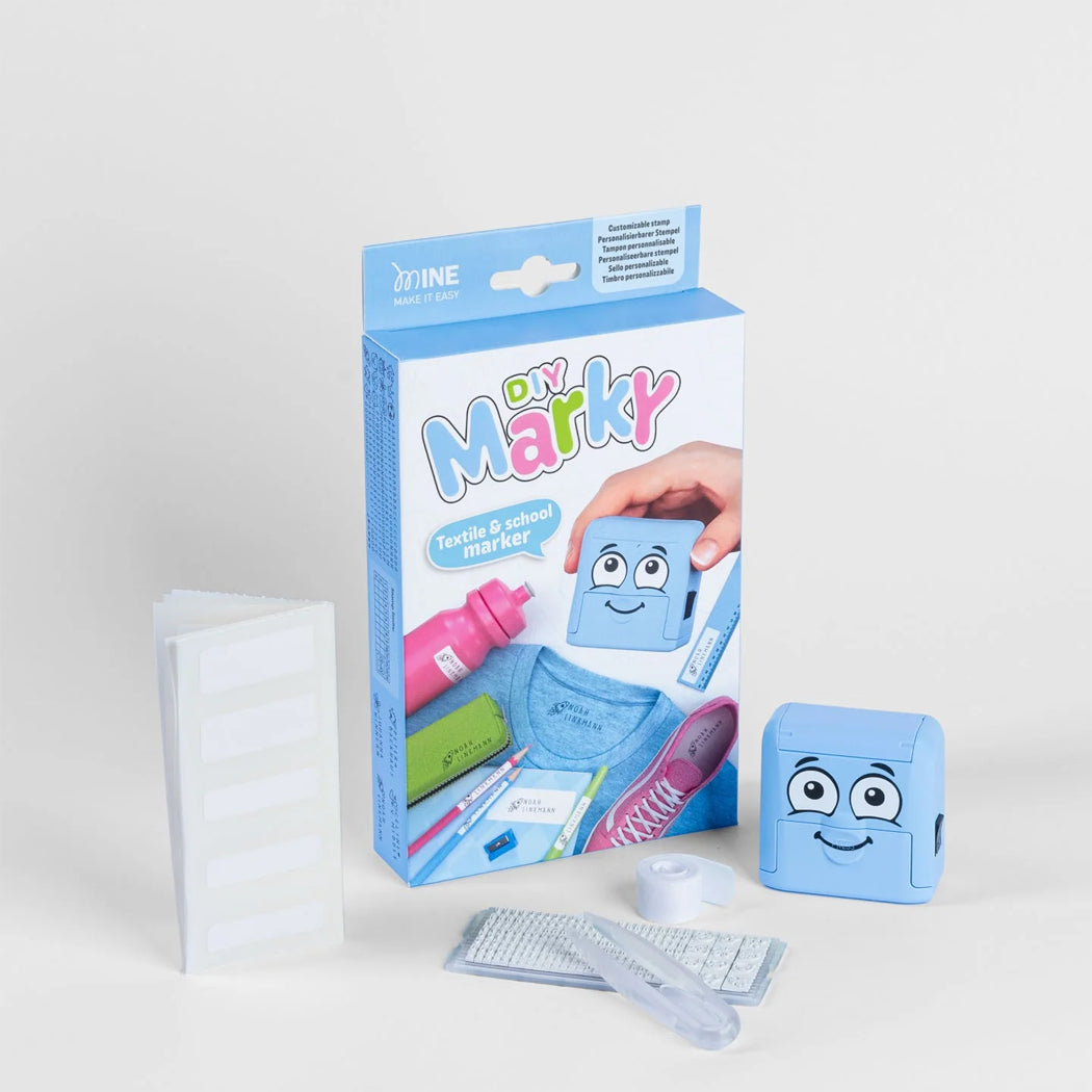 Toy packaging with a blue character and visible branding on a light gray background