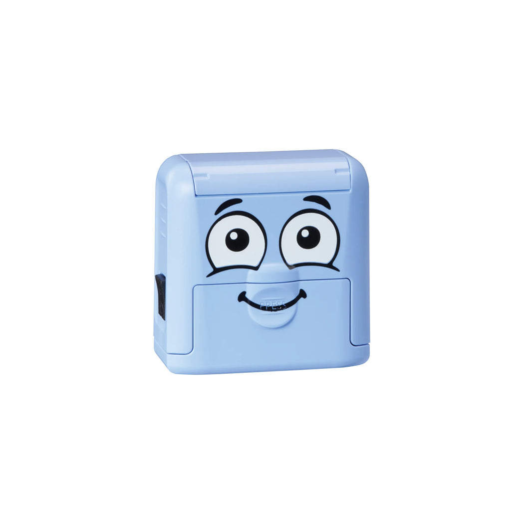 Blue rectangular object with a cartoon face on a white background