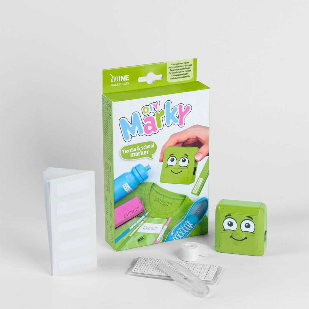 Green and pink DIY Marky kit with packaging on a white background