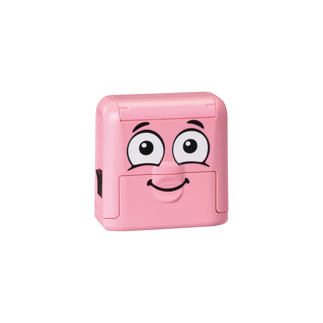 Pink rectangular device with cartoon face on a white background