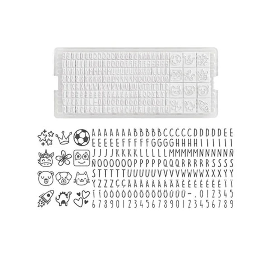 Clear stamp set with various designs and letters on a white background