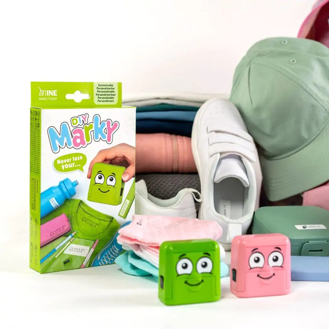 Colorful 'My Marky' product packaging with two small rectangular devices on a white background.