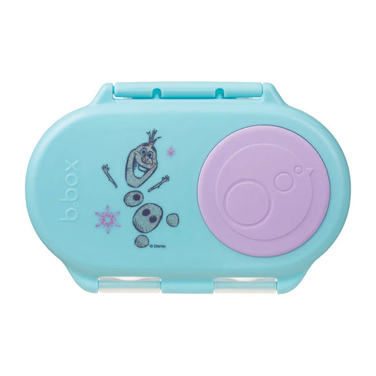 Blue snack container with purple circle and character design on a white background