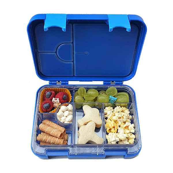 Blue bento box with compartments filled with snacks on a white background