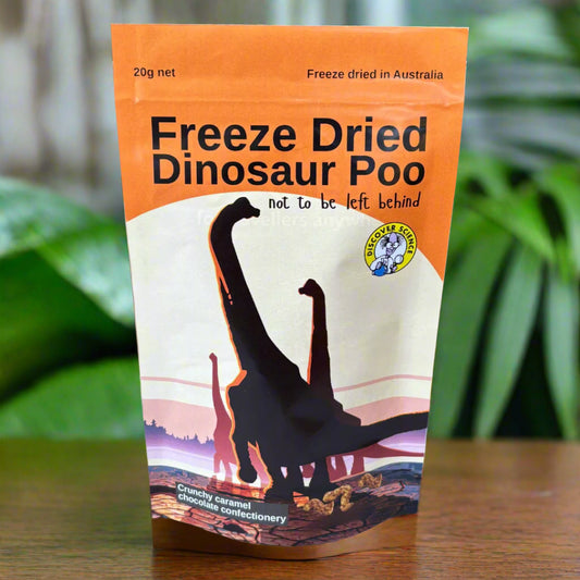 Package of freeze-dried dinosaur-shaped product with orange and white design.