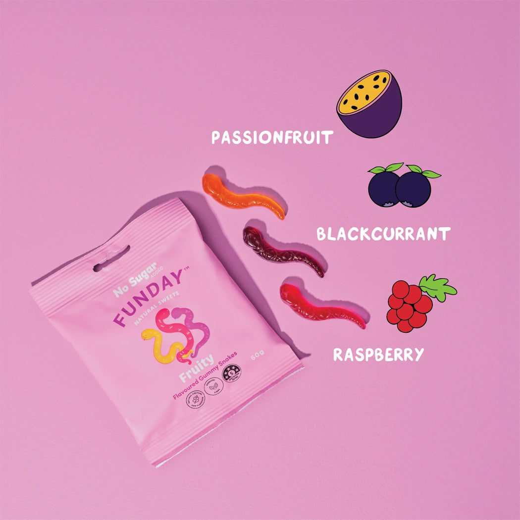 Funday fruit snacks packaging with illustrations of passionfruit, blackcurrant, and raspberry on a pink background