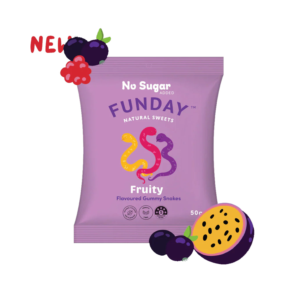 Purple package of Funday gummy snakes with fruit illustrations on a white background