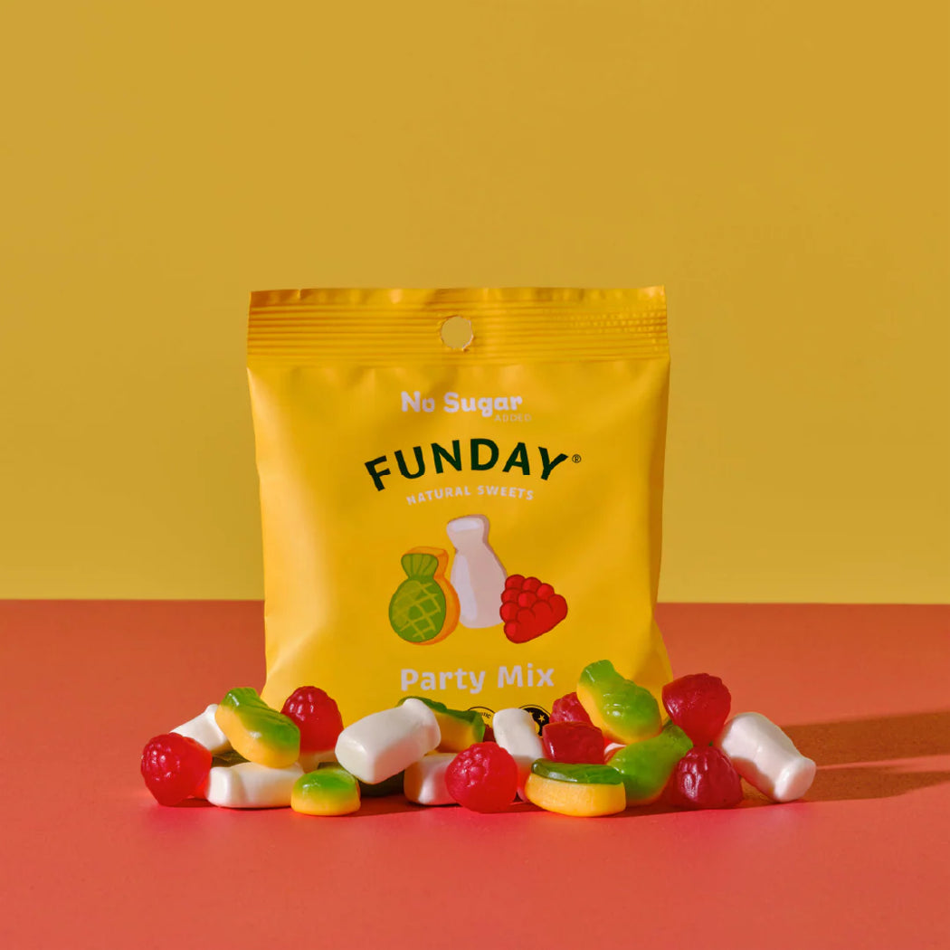 Funday no sugar party mix packaging with gummy candies on a yellow and red background