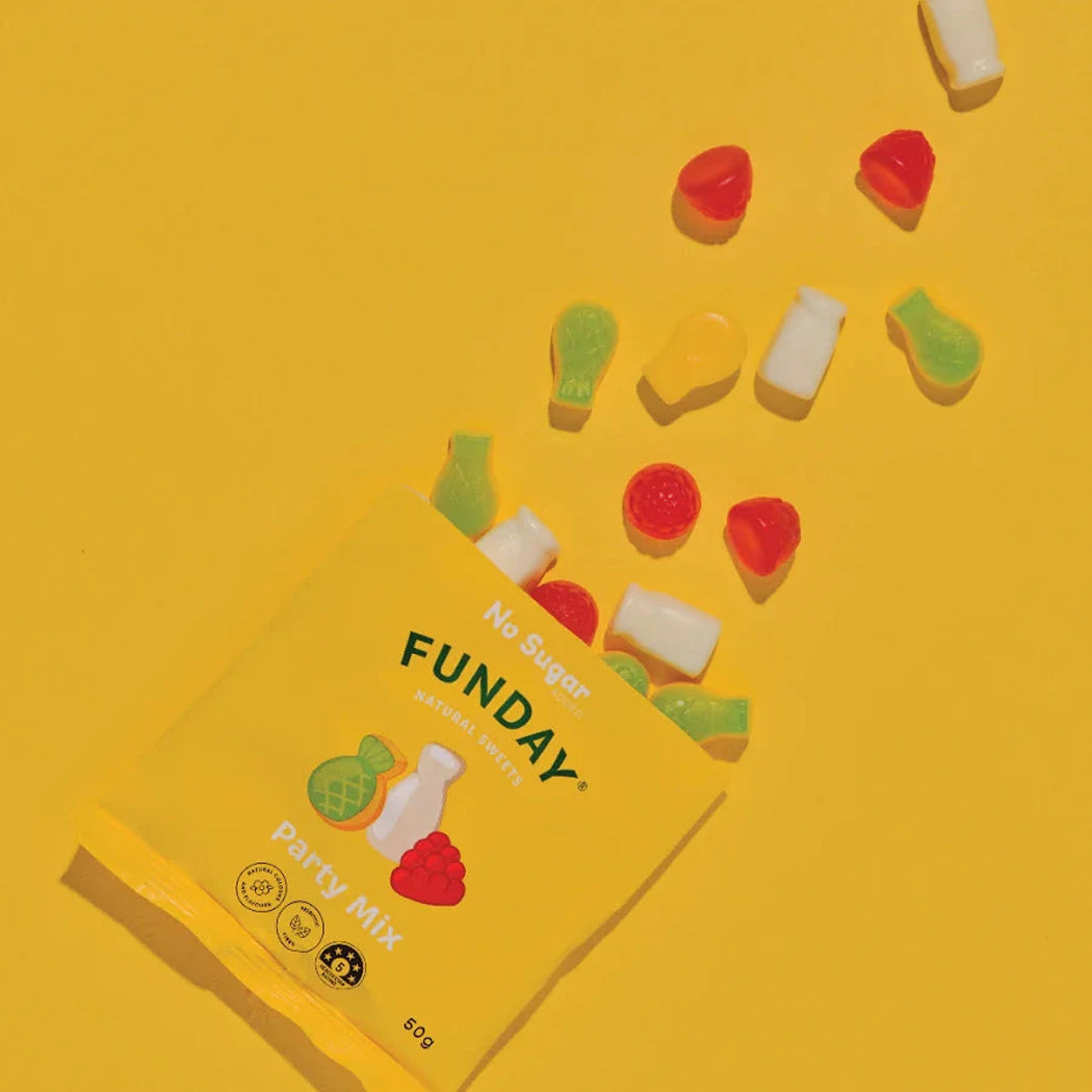 Funday party mix packaging with gummy candies on a yellow background