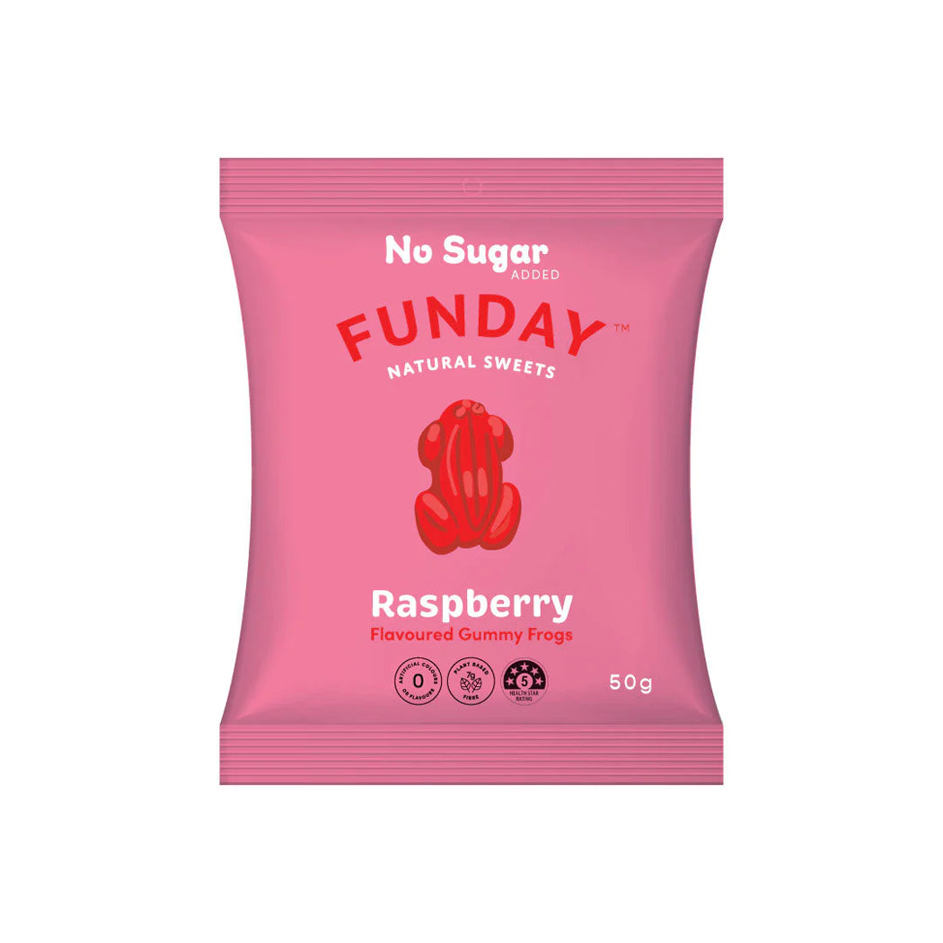 Pink package of Funday natural sweets with raspberry flavor on a white background