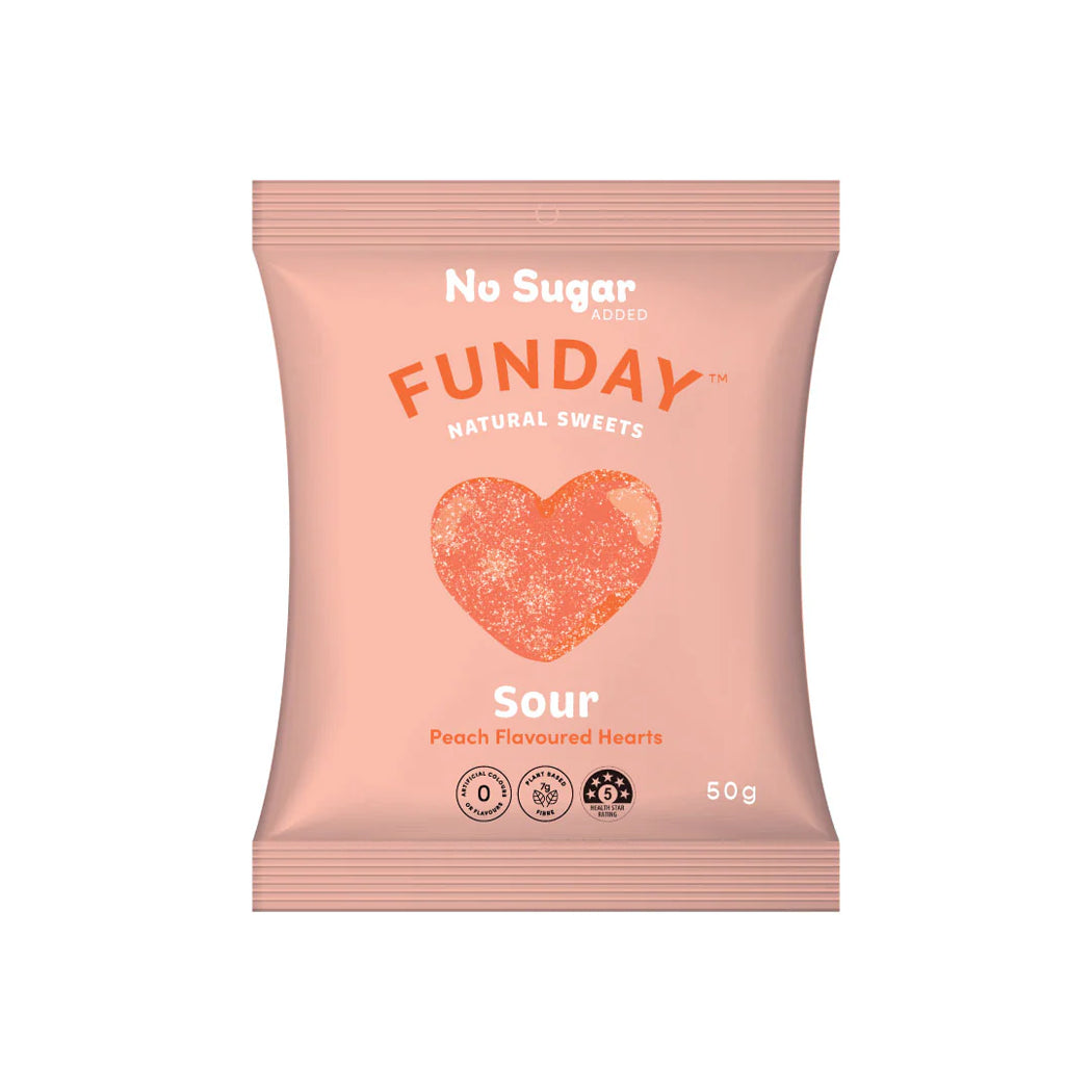 Packaging of Funday natural sweets with peach flavor on a white background