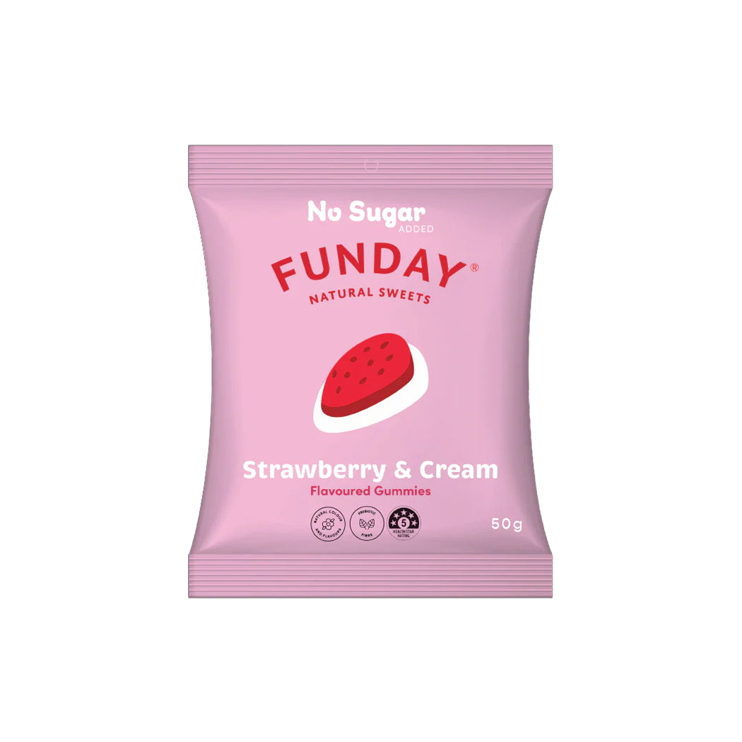 Pink package of Funday Strawberry & Cream gummies on a white background