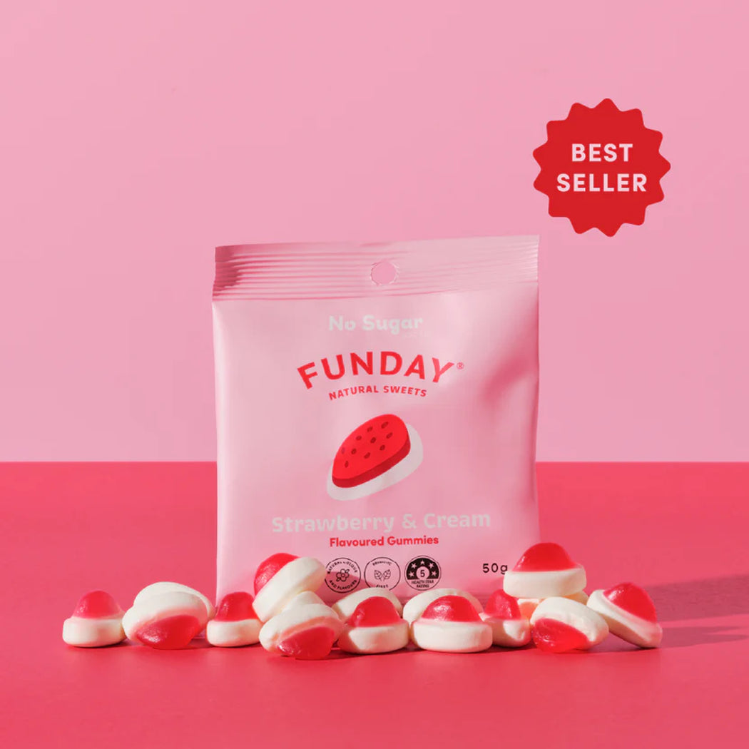 Funday gummy package with candies on a pink background