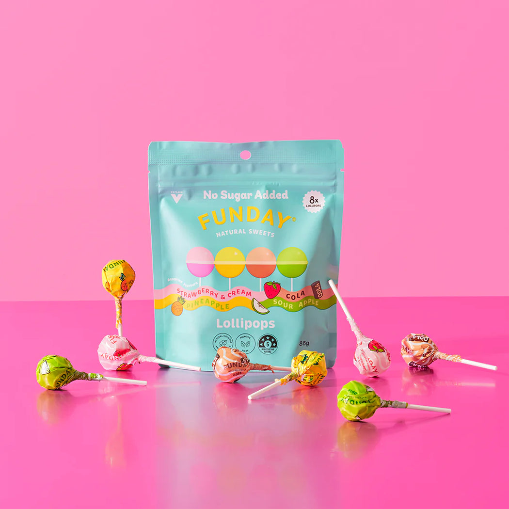 Funday lollipops packaging with lollipops on a pink background