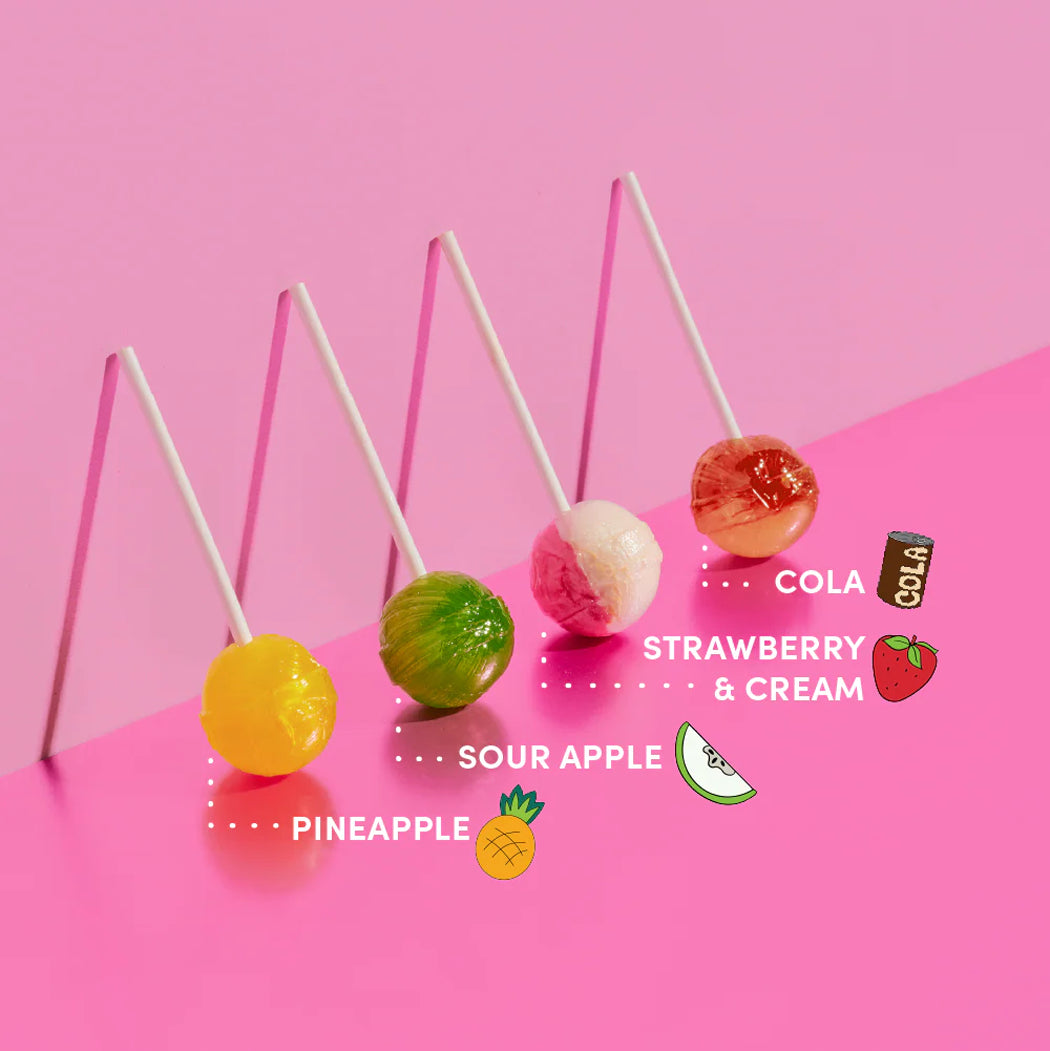 Funday lollipops packaging with lollipops on a pink background