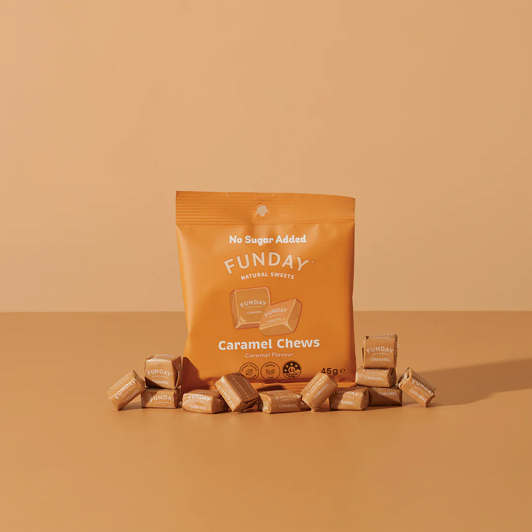 Packaging of FUNDAY Caramel Chews on a beige background