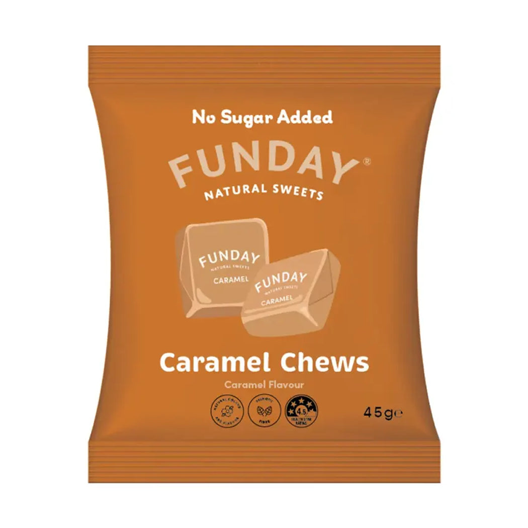 Orange package of Funday Caramel Chews on a white background