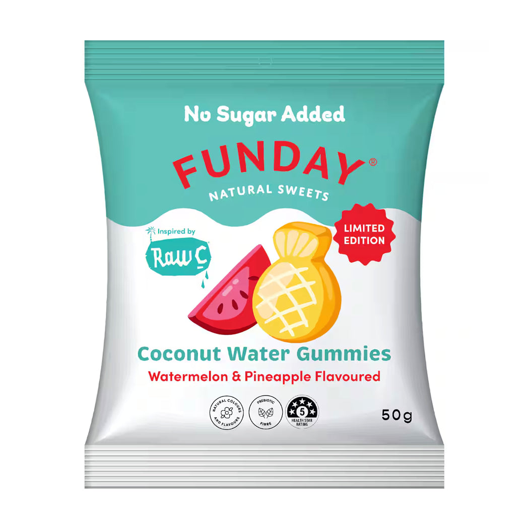 A 50g bag of Funday Natural Sweets Coconut Water Gummies, Watermelon & Pineapple Flavoured. The packaging features a teal top section with white text and a white bottom section displaying illustrations of a watermelon slice and a pineapple gummy.