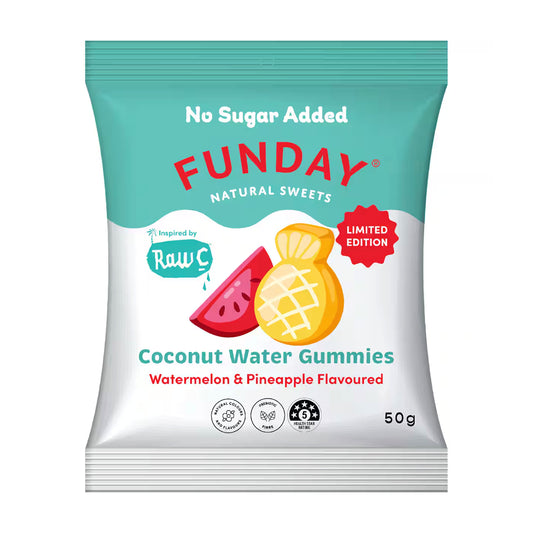 A 50g bag of Funday Natural Sweets Coconut Water Gummies, Watermelon & Pineapple Flavoured. The packaging features a teal top section with white text and a white bottom section displaying illustrations of a watermelon slice and a pineapple gummy.