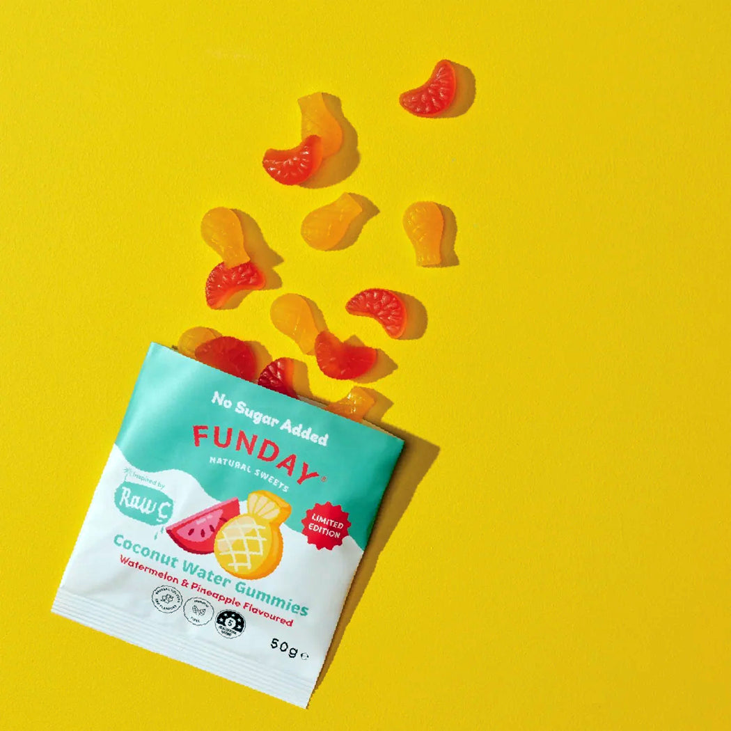 Funday coconut water gummies packaging with gummies on a yellow background