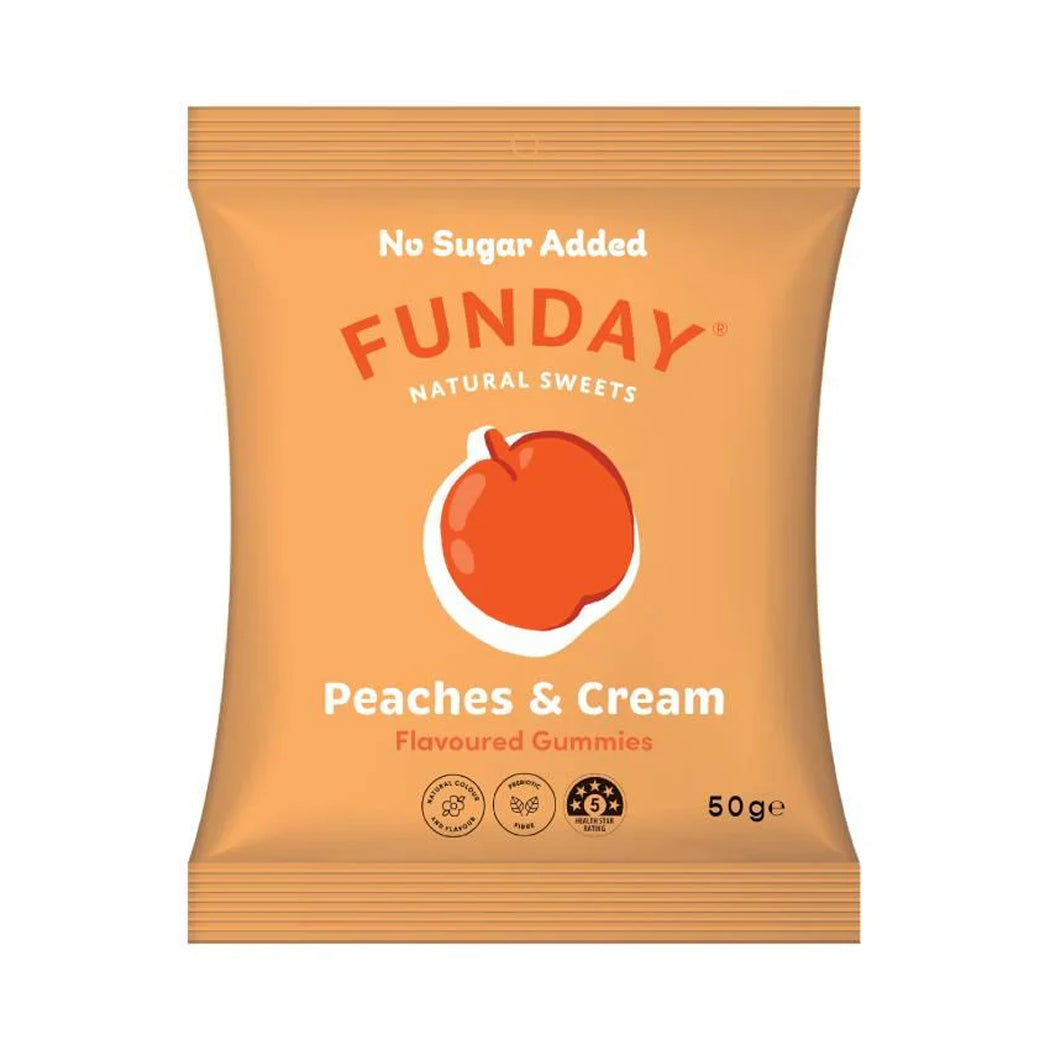 Funday gummy package with peach illustration on an orange background