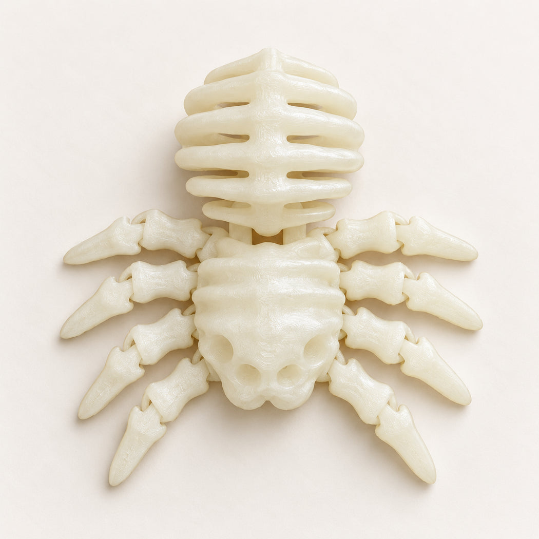 An off-white bone-shaped spider ornament or decorative piece, photographed from above on a plain light beige background.